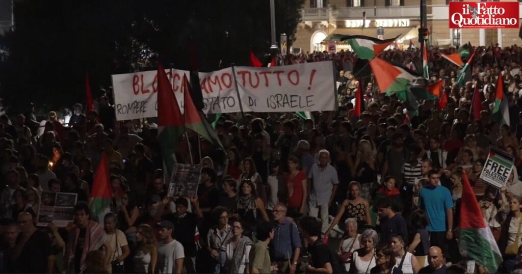 A Roma in 30mila in piazza per Gaza: Se toccano la Flotilla blocchiamo tutto. Il Fatto Quotidiano. 9 Roma: 30mila in piazza per Gaza - minaccia di blocchi per la Flotilla