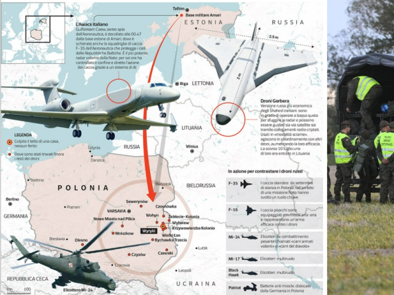 Droni russi in Polonia: lo scudo con 5 aerei, la reazione della Nato, le giustificazioni di Mosca. Tusk: «Mai così vicini alla guerra». Corriere della Sera. 2 Incursione droni russi in Polonia, la reazione Nato e la crisi al confine